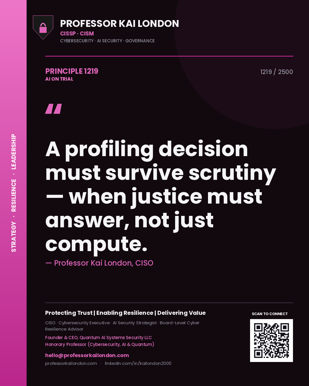 Professor Kai London principle 1219: A profiling decision must survive scrutiny — when justice must answer, not just compute.