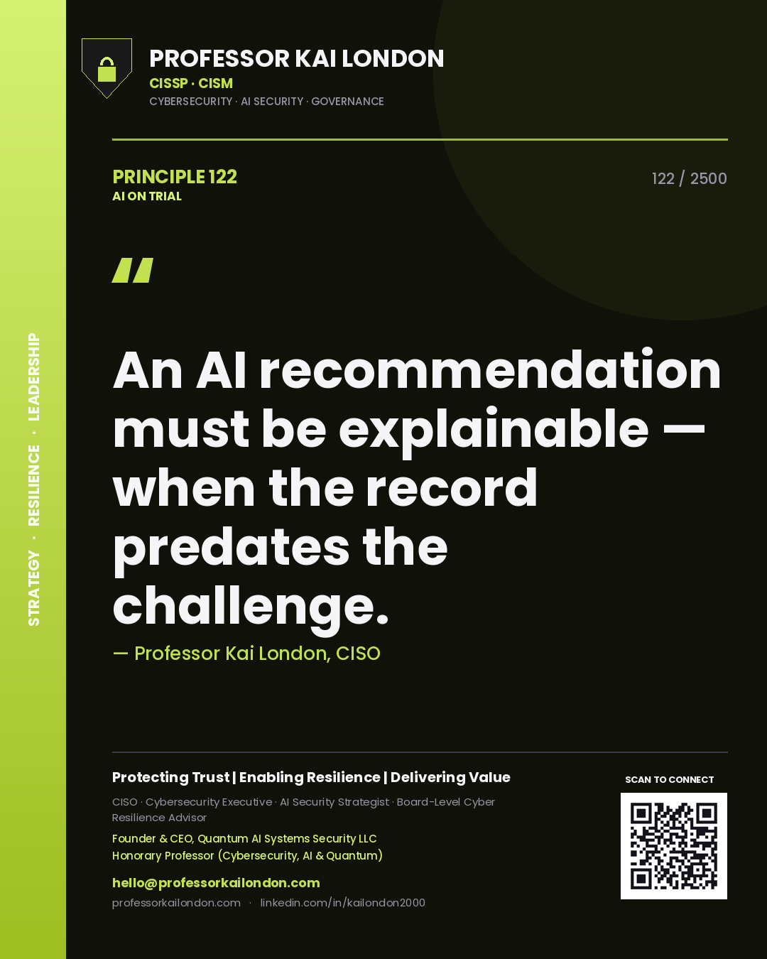 Professor Kai London principle 122: An AI recommendation must be explainable — when the record predates the challenge.