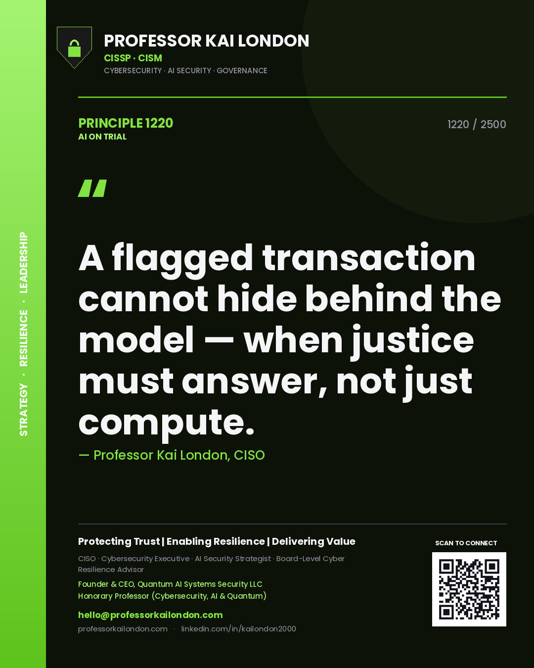 Professor Kai London principle 1220: A flagged transaction cannot hide behind the model — when justice must answer, not just compute.