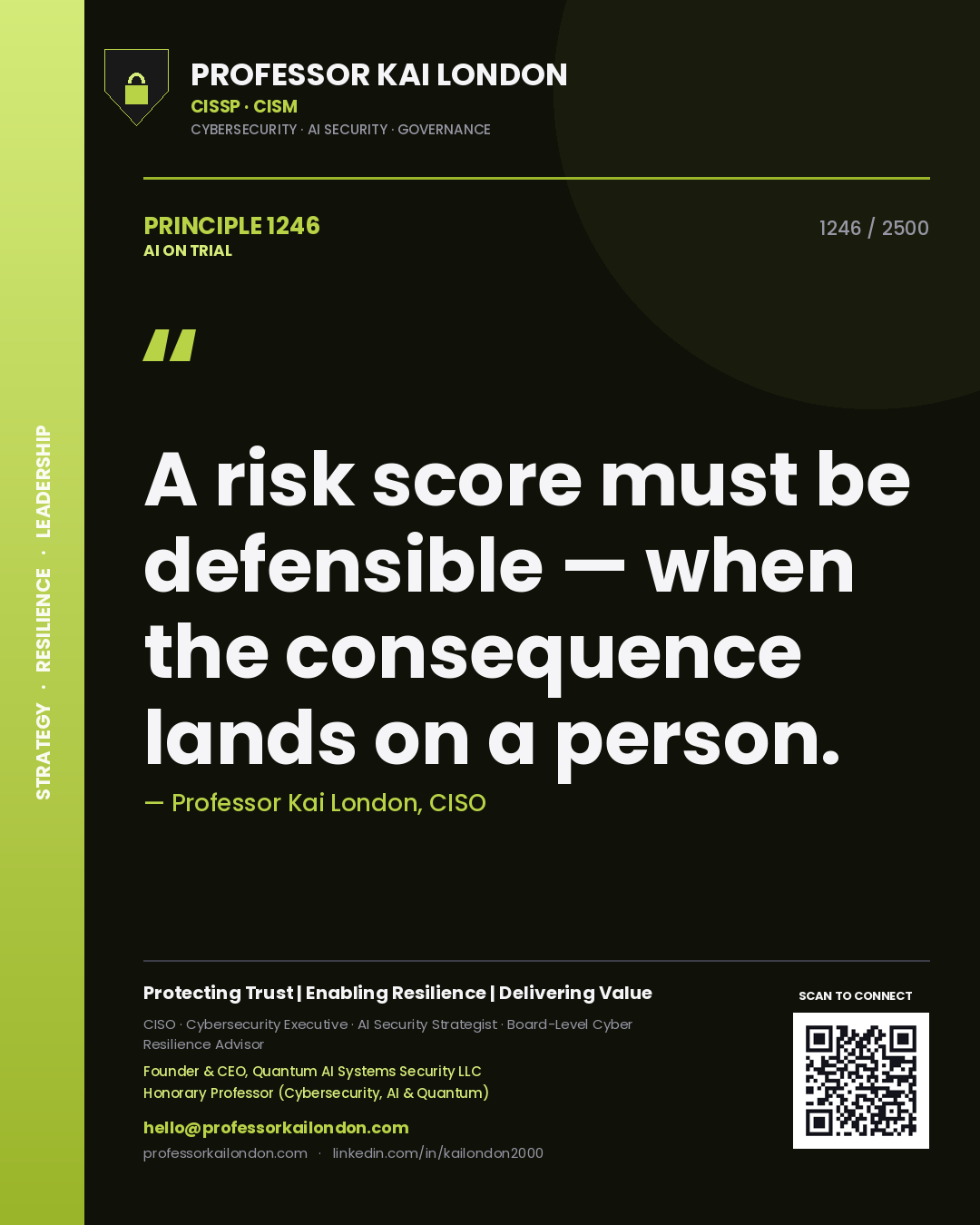 Professor Kai London principle 1246: A risk score must be defensible — when the consequence lands on a person.