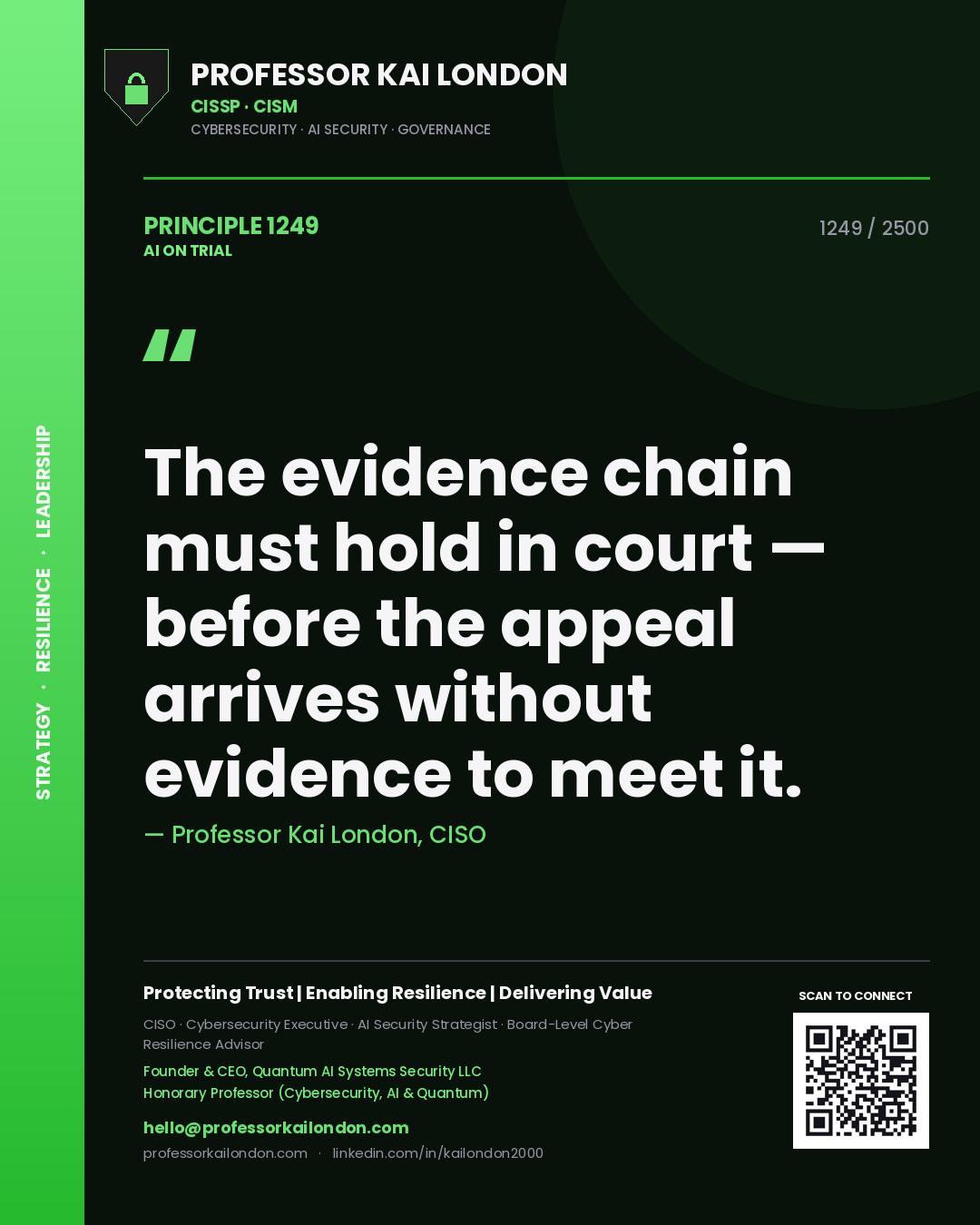 Professor Kai London principle 1249: The evidence chain must hold in court — before the appeal arrives without evidence to meet it.
