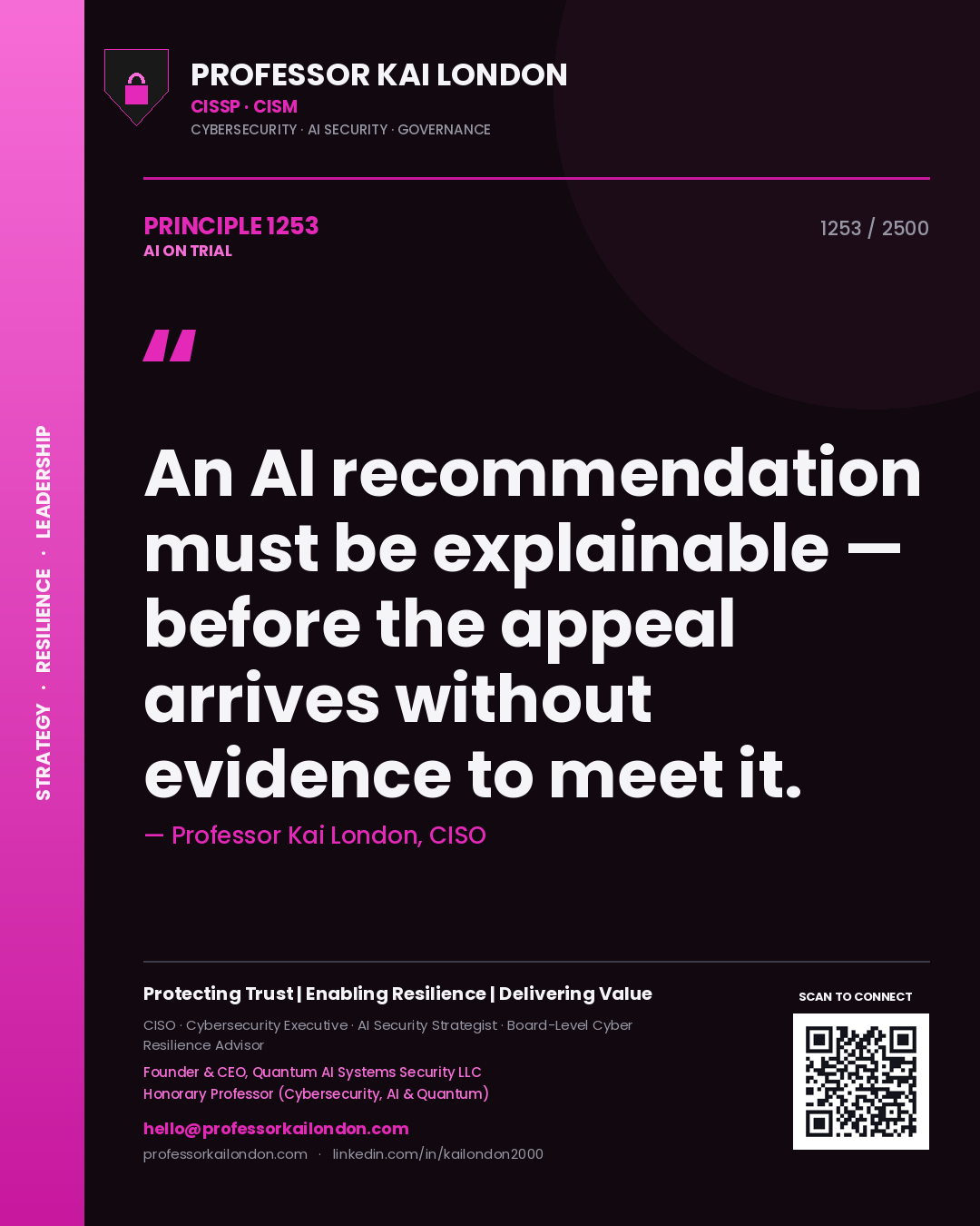 Professor Kai London principle 1253: An AI recommendation must be explainable — before the appeal arrives without evidence to meet it.