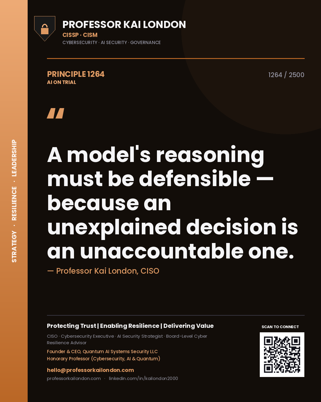 Professor Kai London principle 1264: A model's reasoning must be defensible — because an unexplained decision is an unaccountable one.