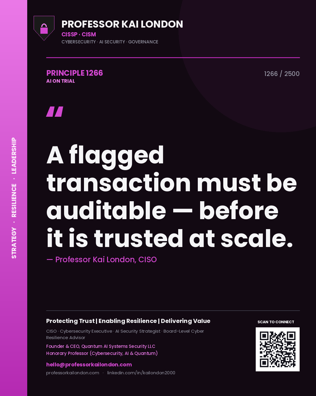 Professor Kai London principle 1266: A flagged transaction must be auditable — before it is trusted at scale.