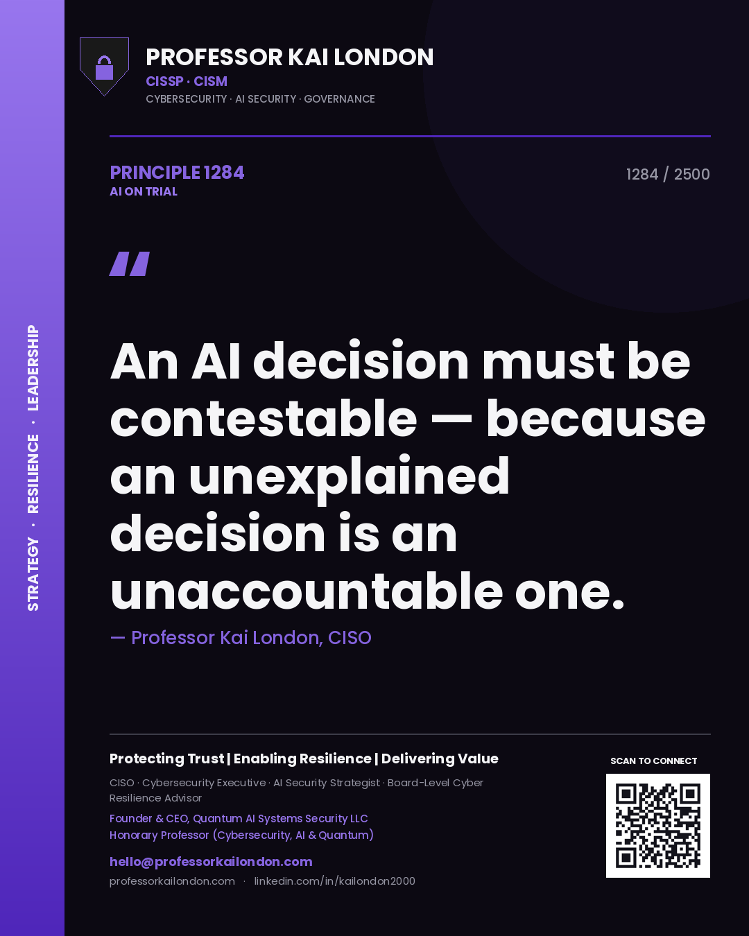 Professor Kai London principle 1284: An AI decision must be contestable — because an unexplained decision is an unaccountable one.
