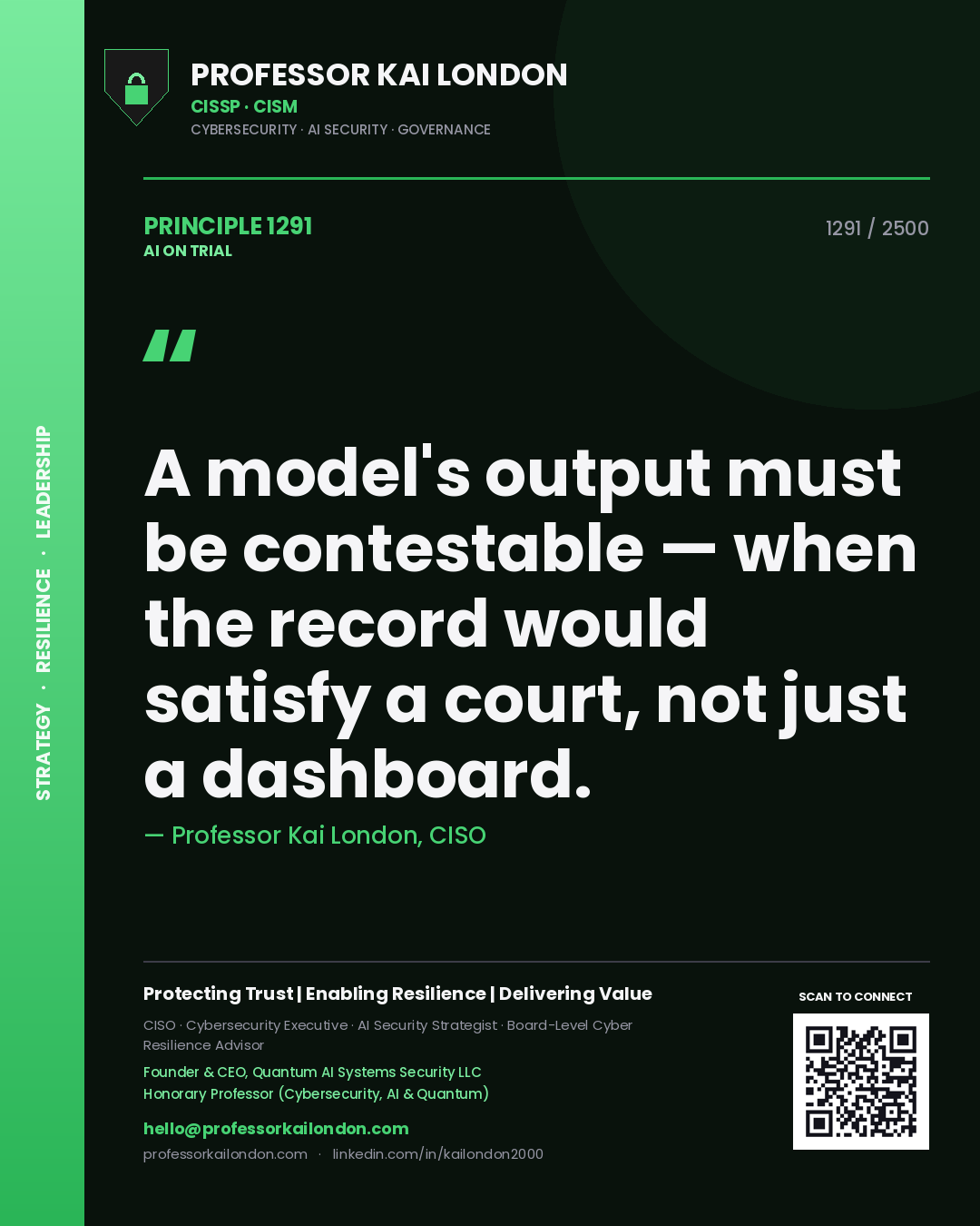 Professor Kai London principle 1291: A model's output must be contestable — when the record would satisfy a court, not just a dashboard.