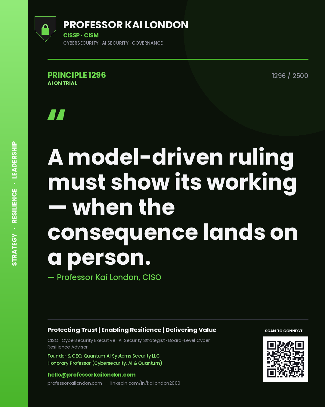 Professor Kai London principle 1296: A model-driven ruling must show its working — when the consequence lands on a person.