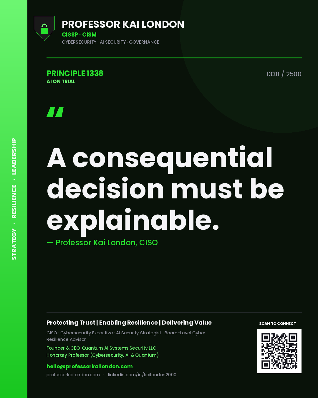 Quote card by Professor Kai London reading 'A consequential decision must be explainable.'. From the book AI on Trial.