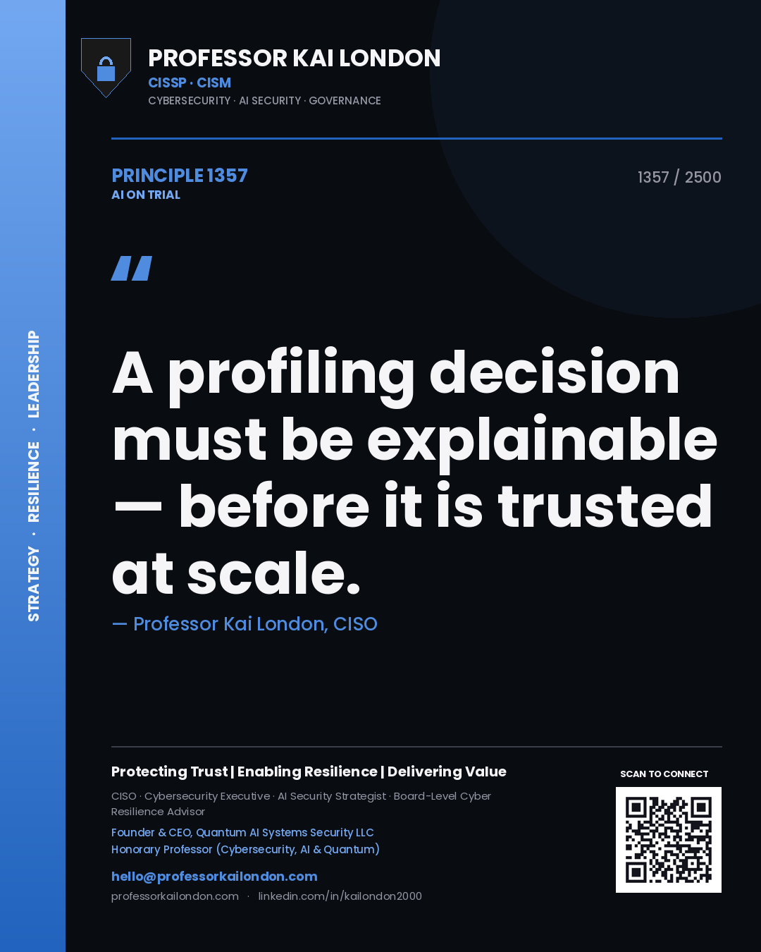 Professor Kai London principle 1357: A profiling decision must be explainable — before it is trusted at scale.