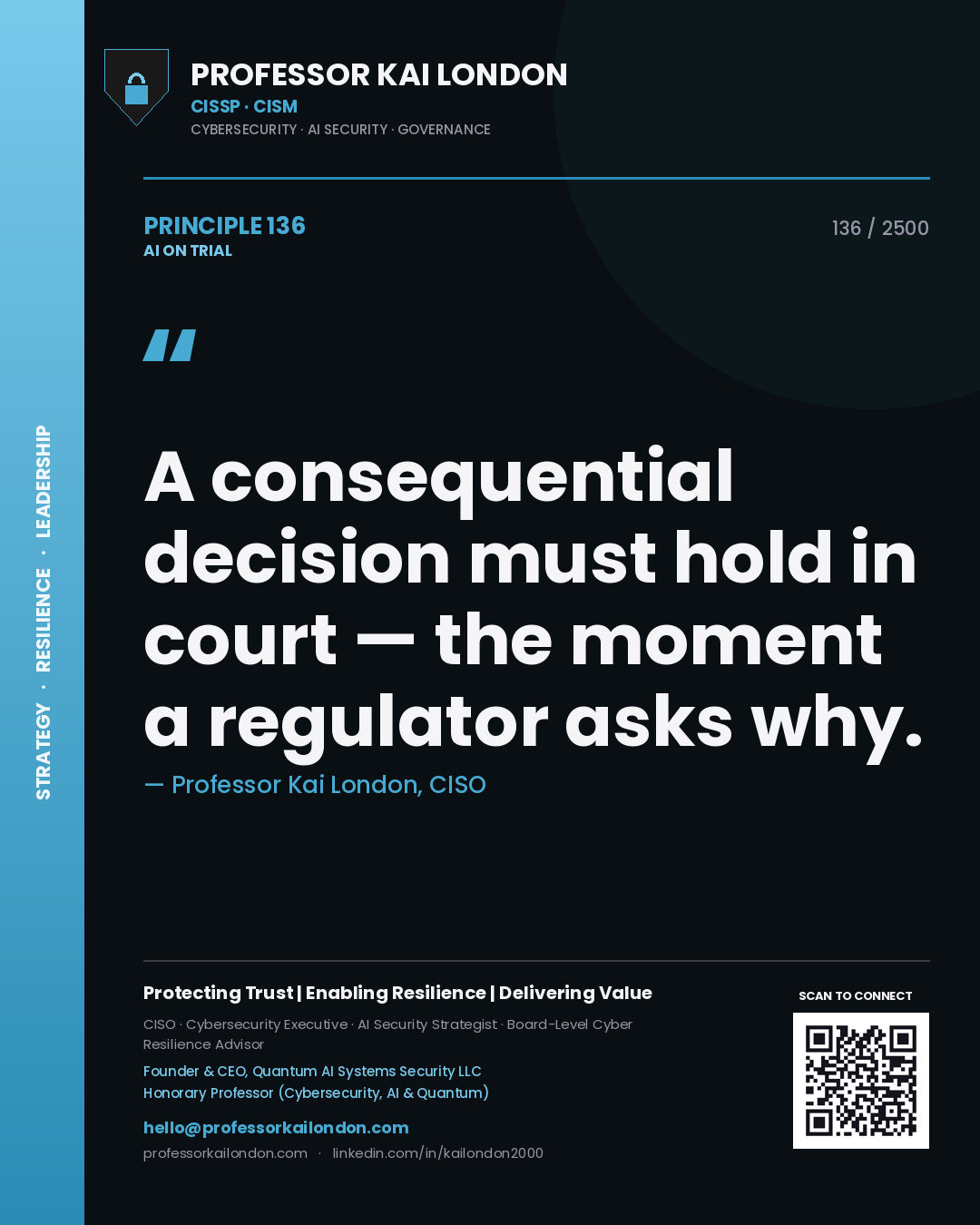 Professor Kai London principle 136: A consequential decision must hold in court — the moment a regulator asks why.