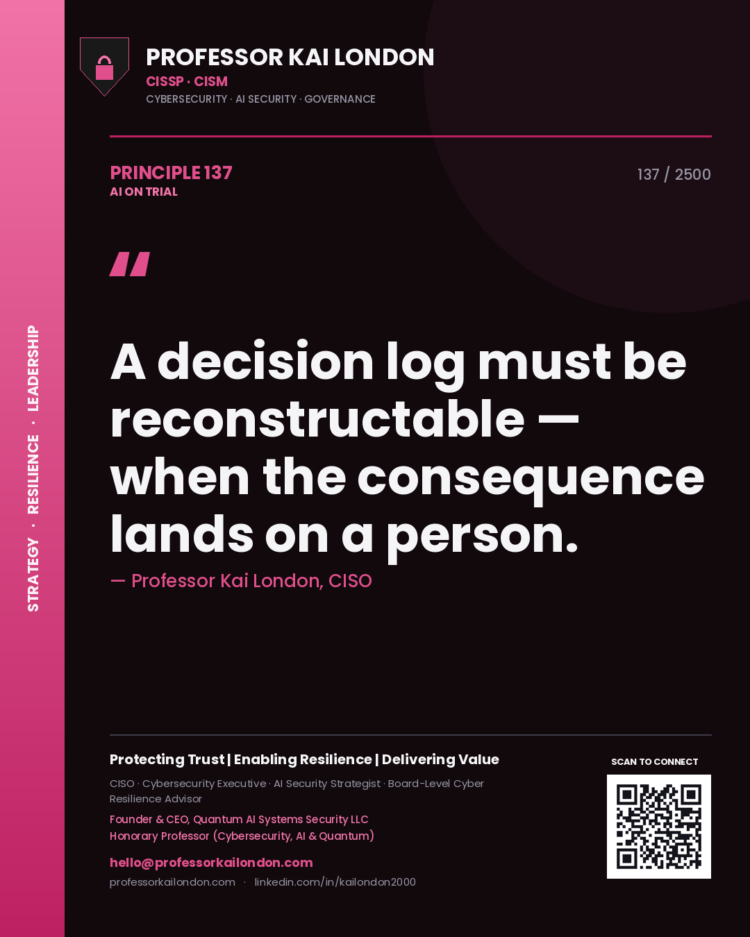 Professor Kai London principle 137: A decision log must be reconstructable — when the consequence lands on a person.
