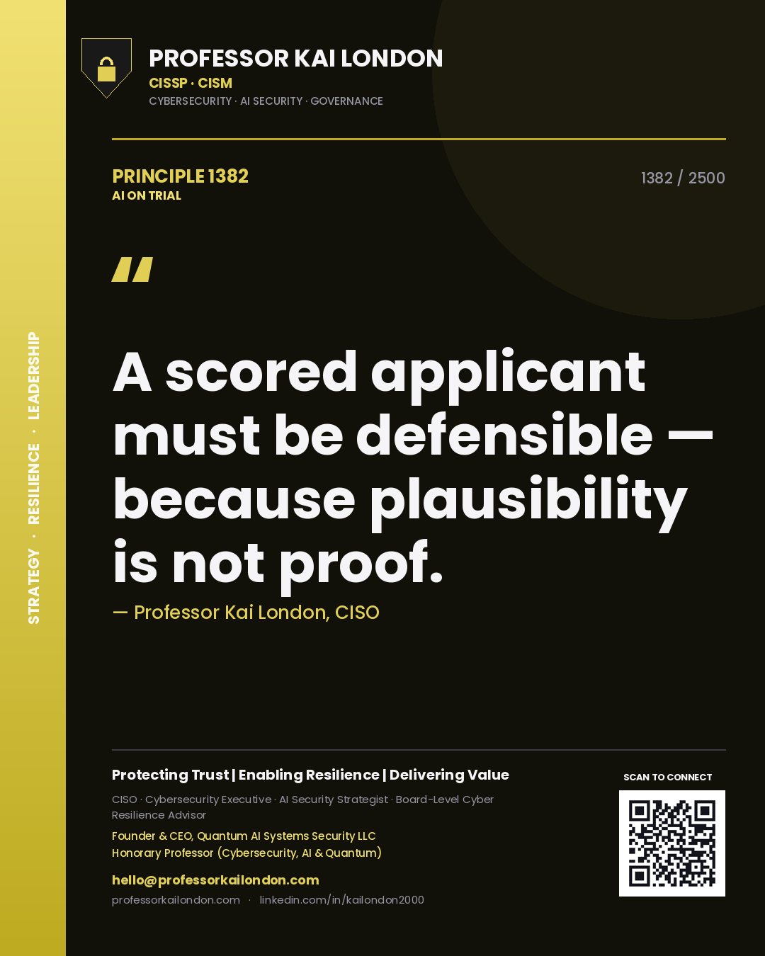 Professor Kai London principle 1382: A scored applicant must be defensible — because plausibility is not proof.