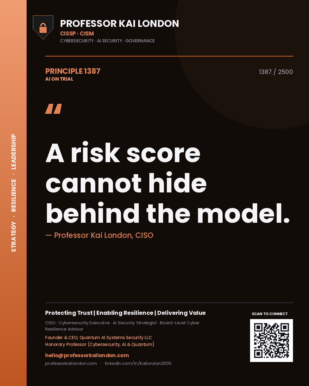 Quote card by Professor Kai London reading 'A risk score cannot hide behind the model.'. From the book AI on Trial.