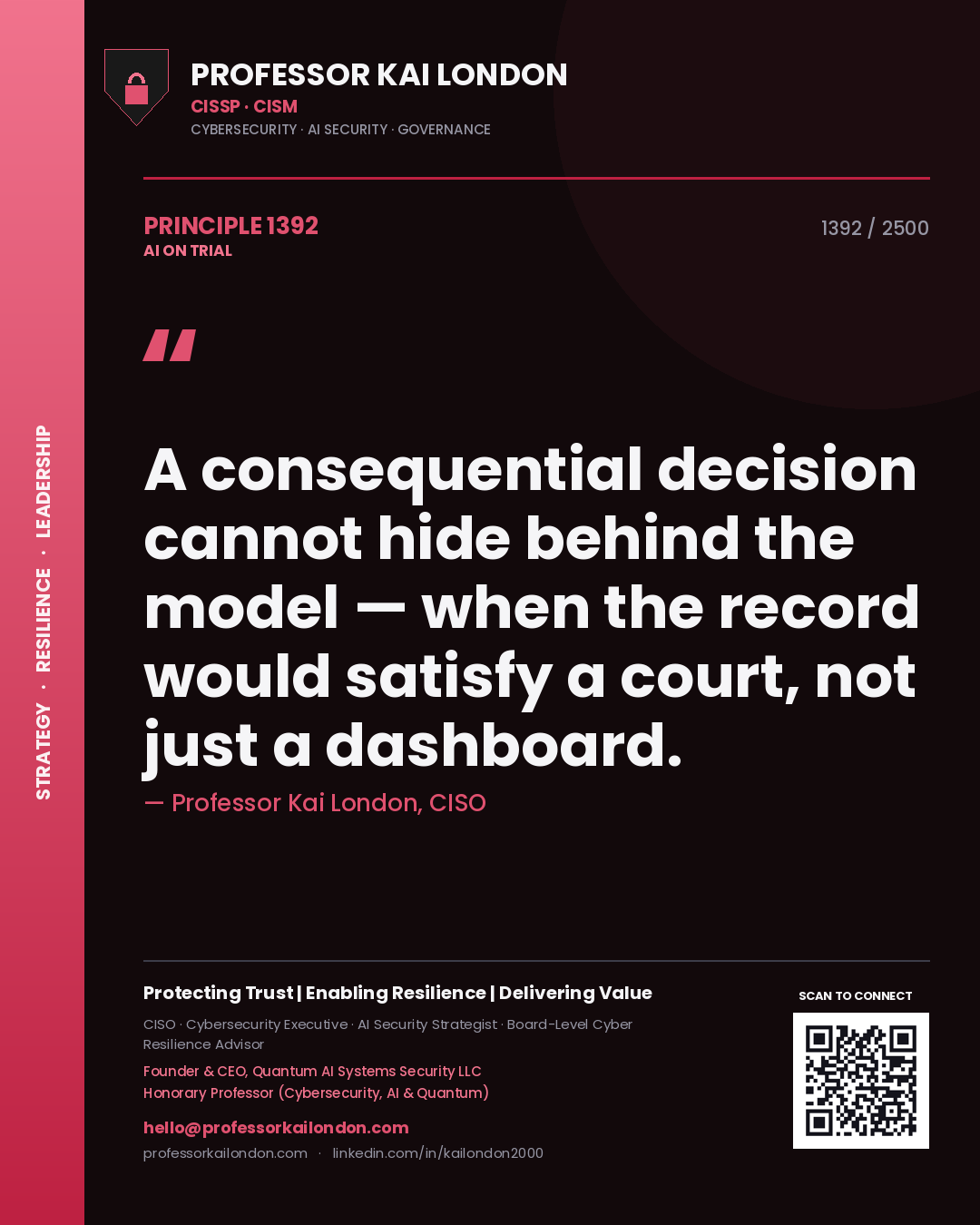Quote card by Professor Kai London reading 'A consequential decision cannot hide behind the model — when the record would satisfy a court, not just a dashboard.'. From the book AI on Trial.