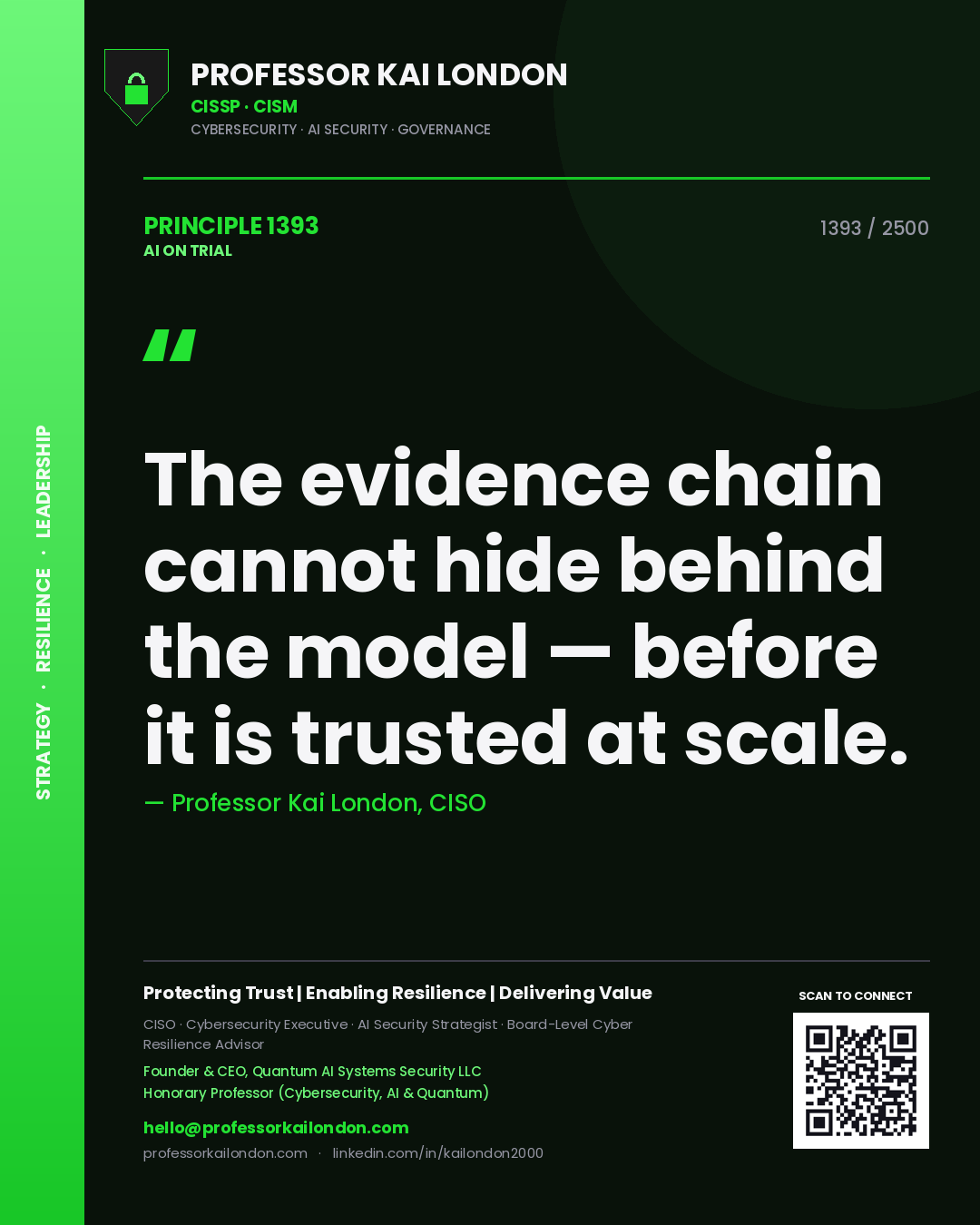 Professor Kai London principle 1393: The evidence chain cannot hide behind the model — before it is trusted at scale.