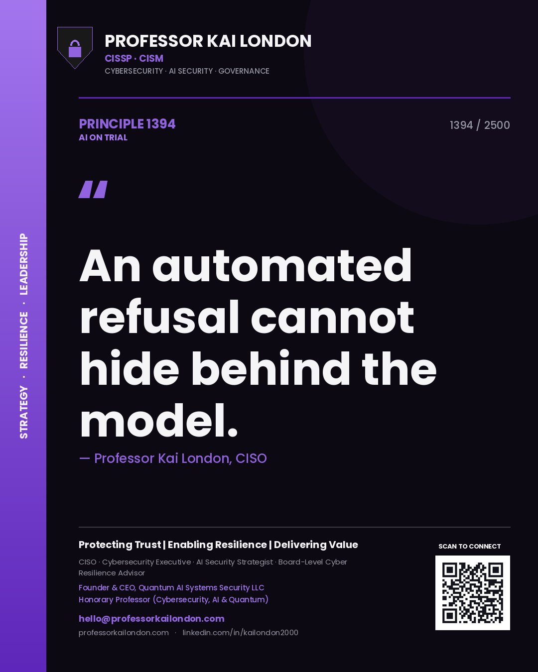 Quote card by Professor Kai London reading 'An automated refusal cannot hide behind the model.'. From the book AI on Trial.