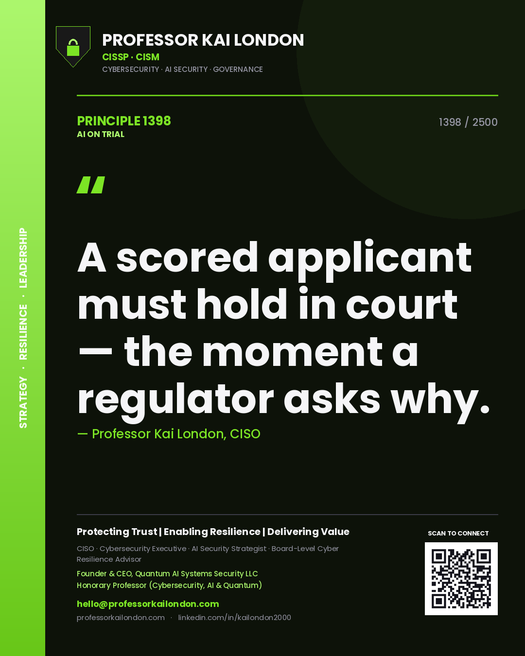 Quote card by Professor Kai London reading 'A scored applicant must hold in court — the moment a regulator asks why.'. From the book AI on Trial.