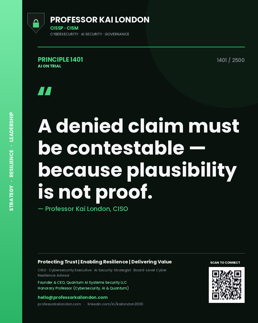 Professor Kai London principle 1401: A denied claim must be contestable — because plausibility is not proof.