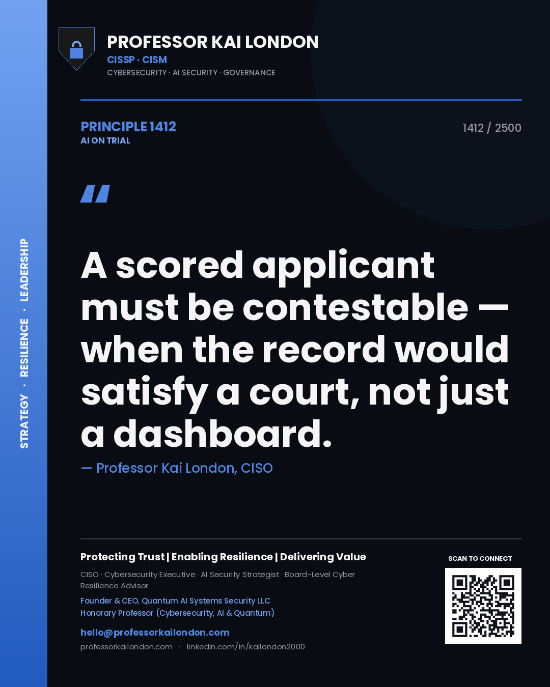 Professor Kai London principle 1412: A scored applicant must be contestable — when the record would satisfy a court, not just a dashboard.