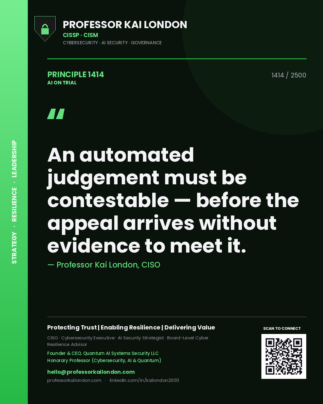 Professor Kai London principle 1414: An automated judgement must be contestable — before the appeal arrives without evidence to meet it.
