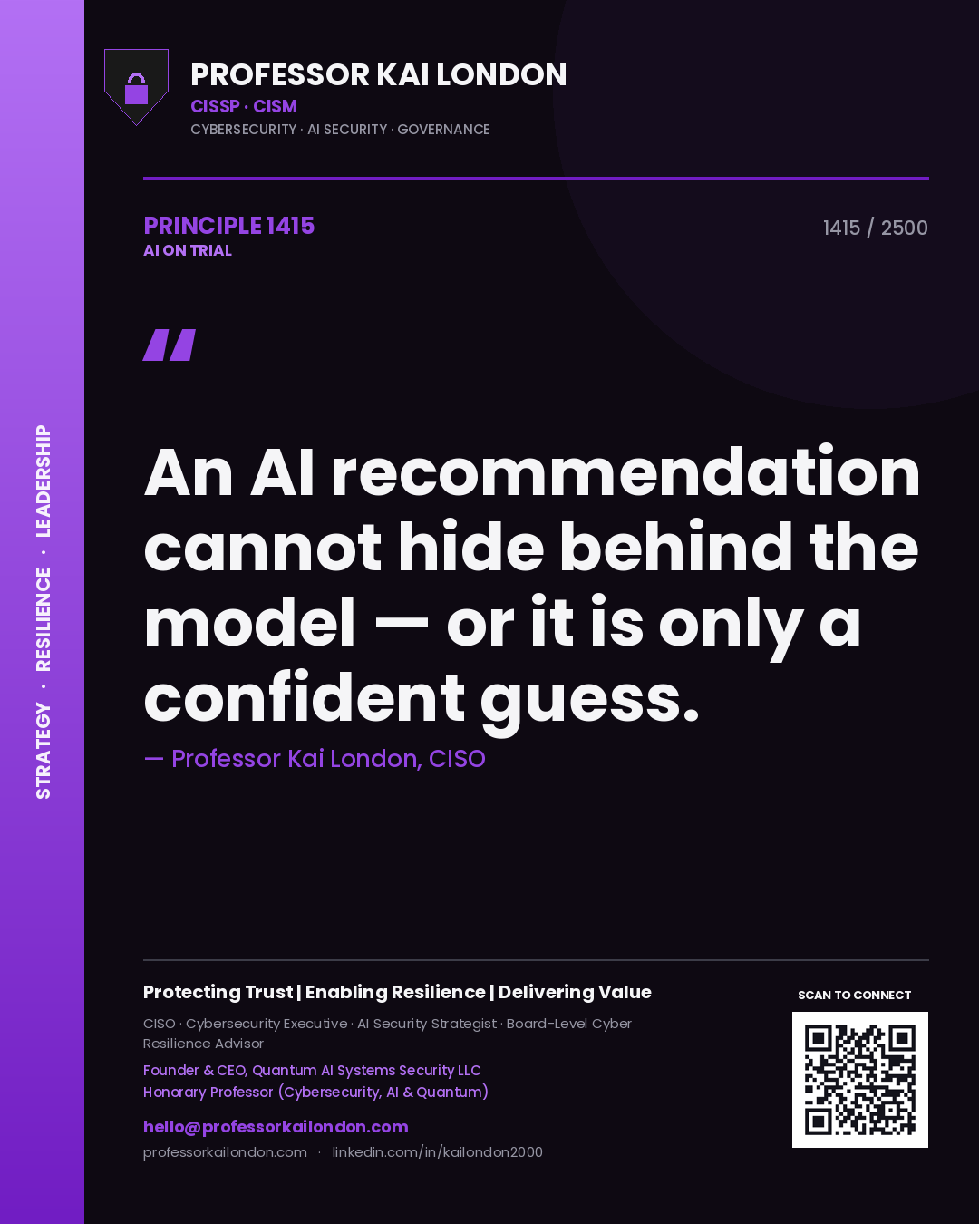 Professor Kai London principle 1415: An AI recommendation cannot hide behind the model — or it is only a confident guess.