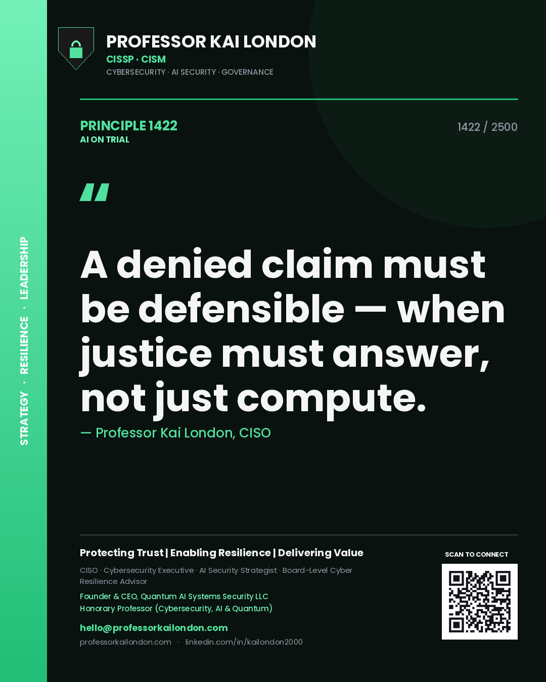 Professor Kai London principle 1422: A denied claim must be defensible — when justice must answer, not just compute.