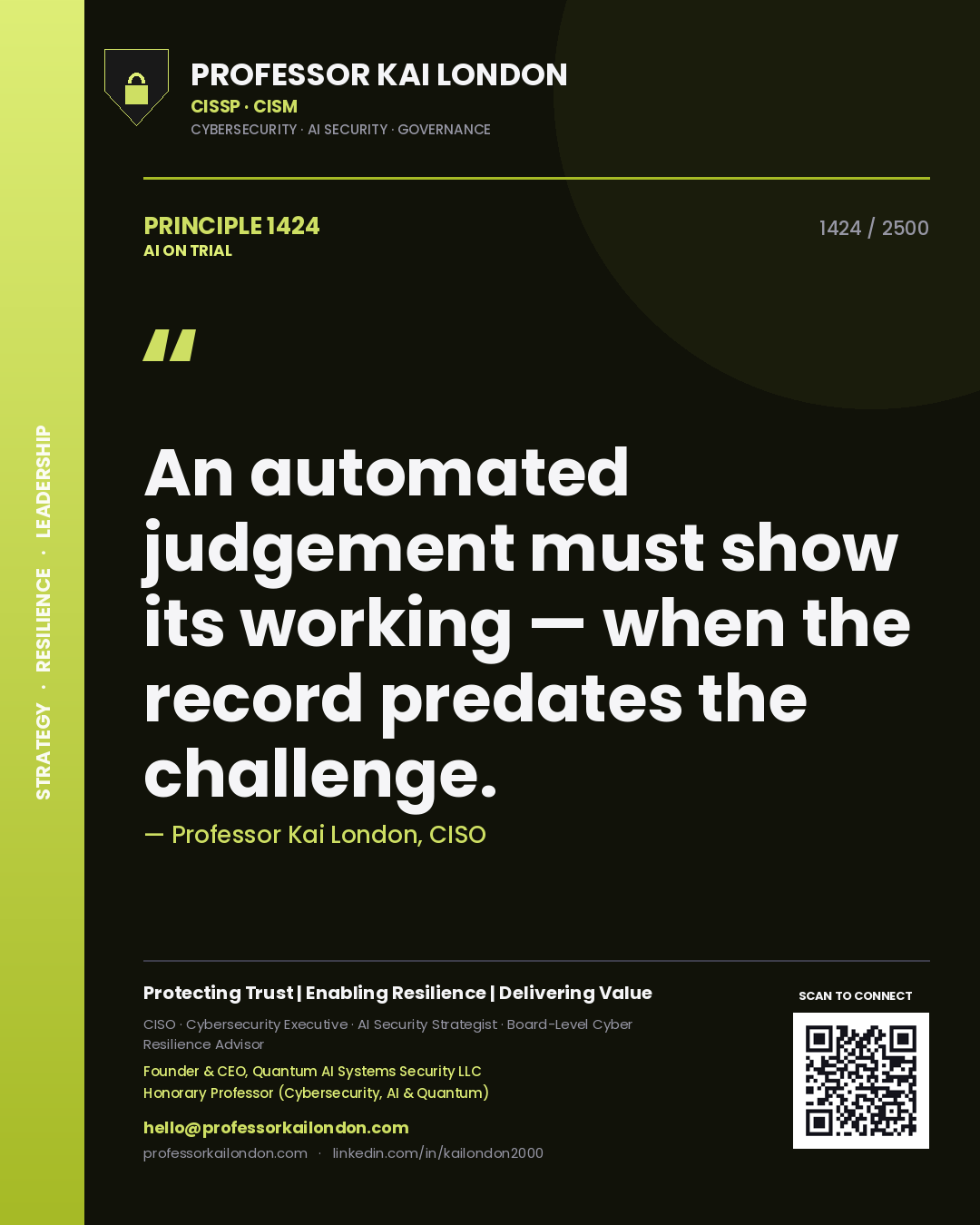 Professor Kai London principle 1424: An automated judgement must show its working — when the record predates the challenge.