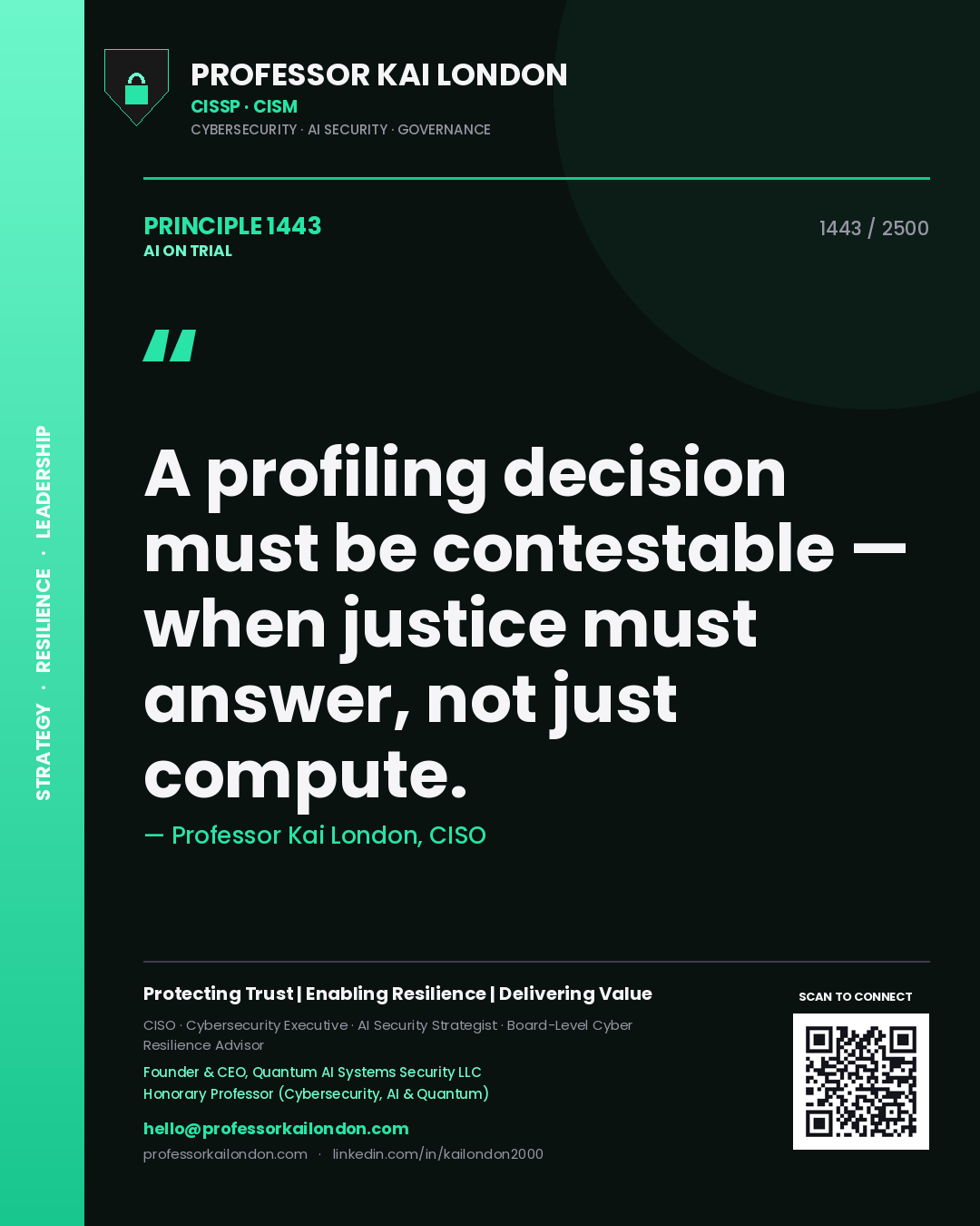Professor Kai London principle 1443: A profiling decision must be contestable — when justice must answer, not just compute.