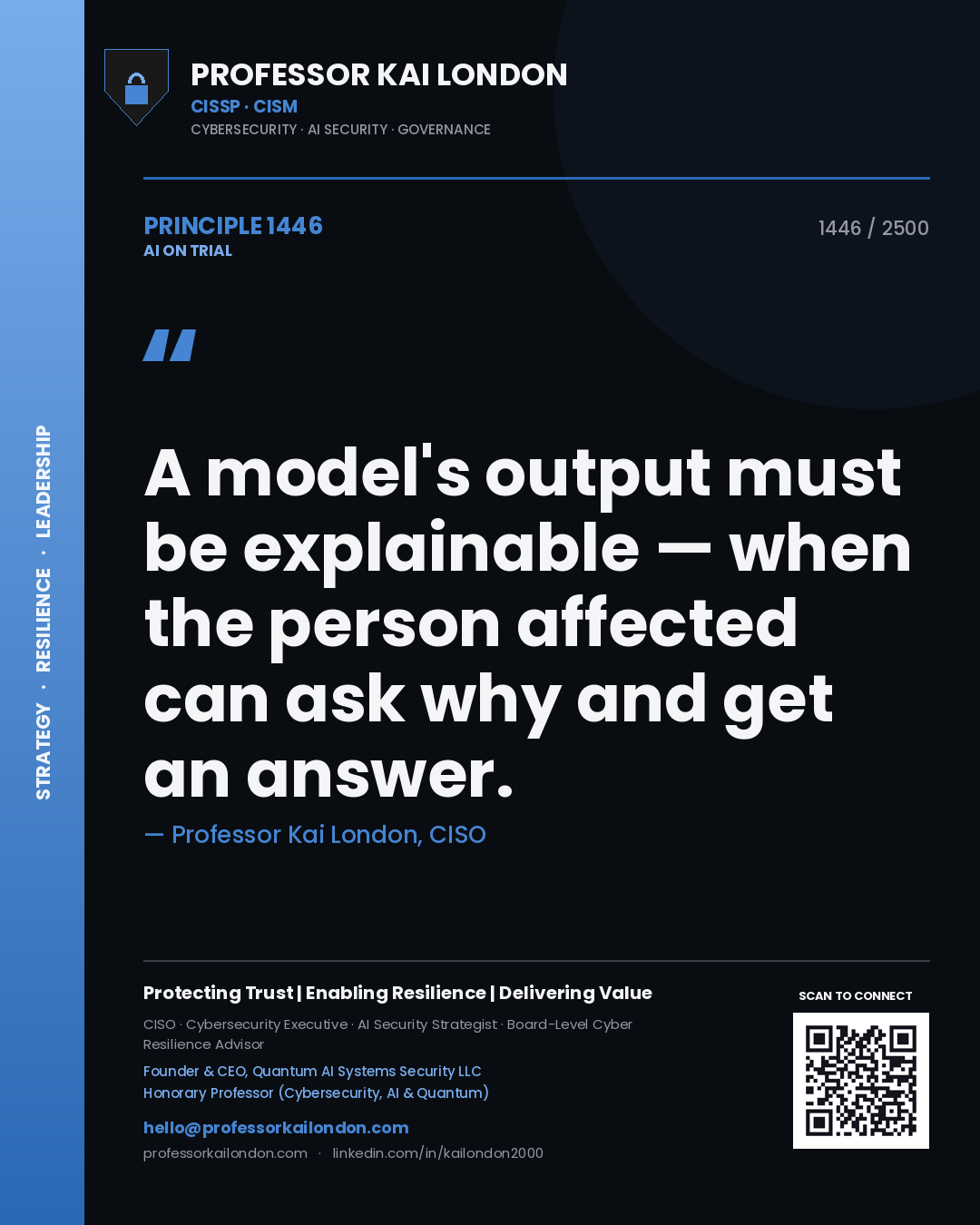 Professor Kai London principle 1446: A model's output must be explainable — when the person affected can ask why and get an answer.