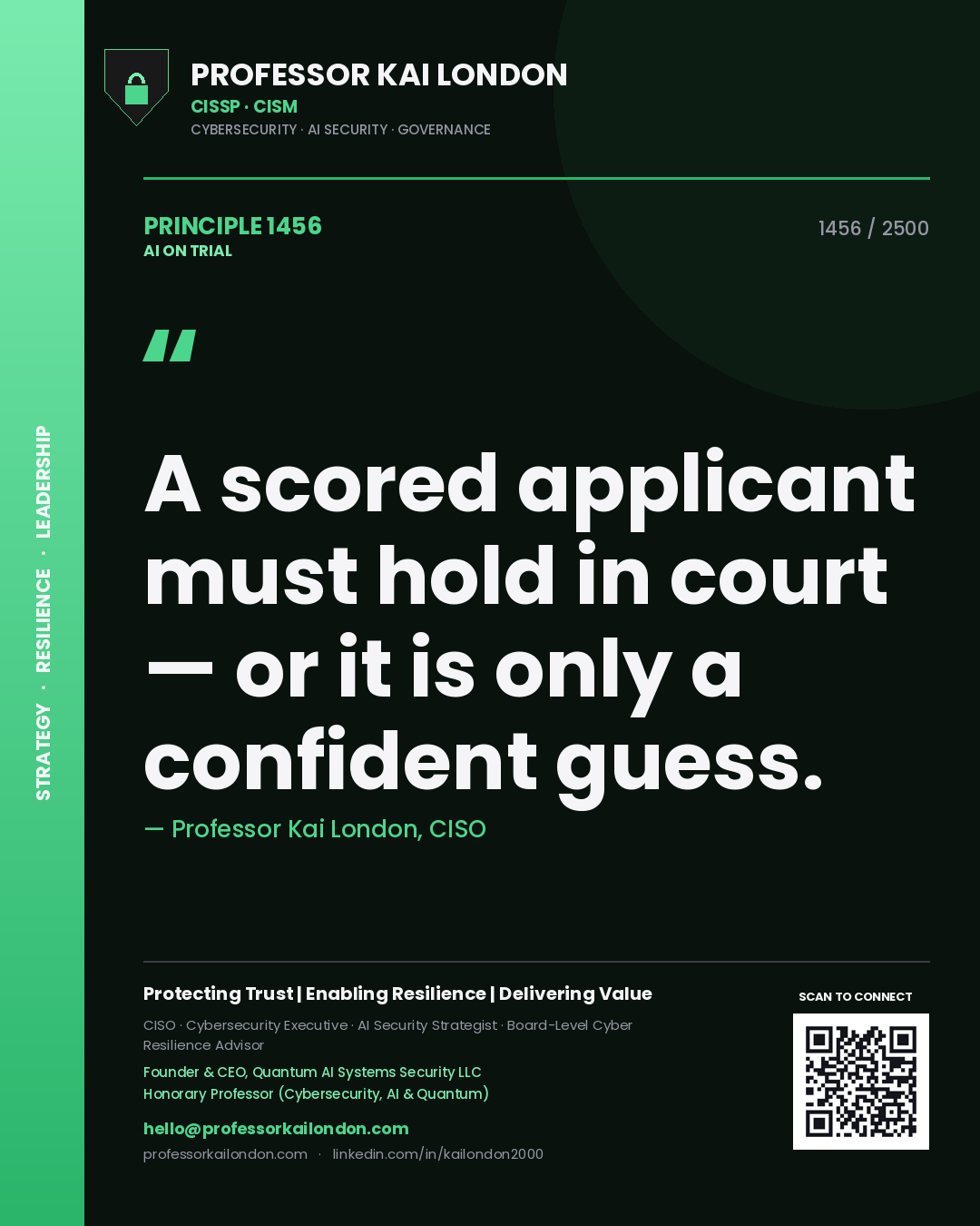 Professor Kai London principle 1456: A scored applicant must hold in court — or it is only a confident guess.
