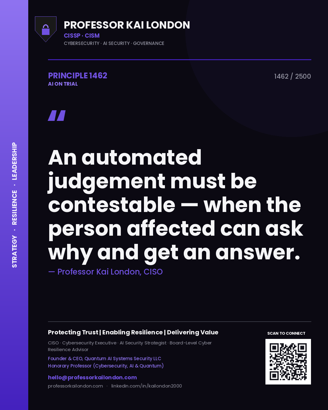 Professor Kai London principle 1462: An automated judgement must be contestable — when the person affected can ask why and get an answer.