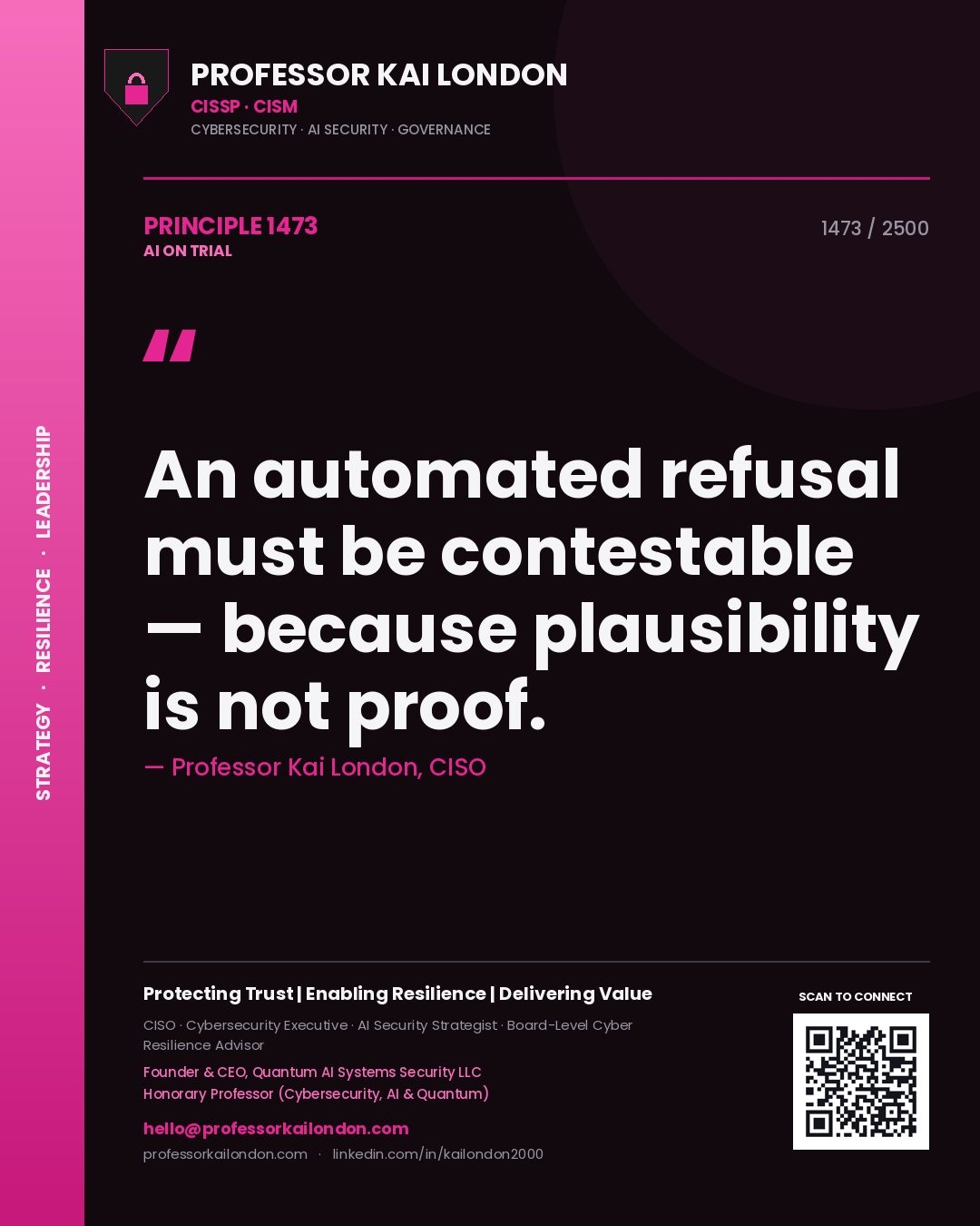 Professor Kai London principle 1473: An automated refusal must be contestable — because plausibility is not proof.