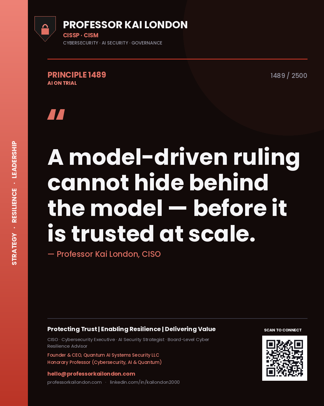 Professor Kai London principle 1489: A model-driven ruling cannot hide behind the model — before it is trusted at scale.