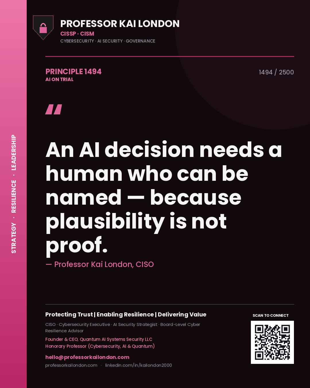 Professor Kai London principle 1494: An AI decision needs a human who can be named — because plausibility is not proof.