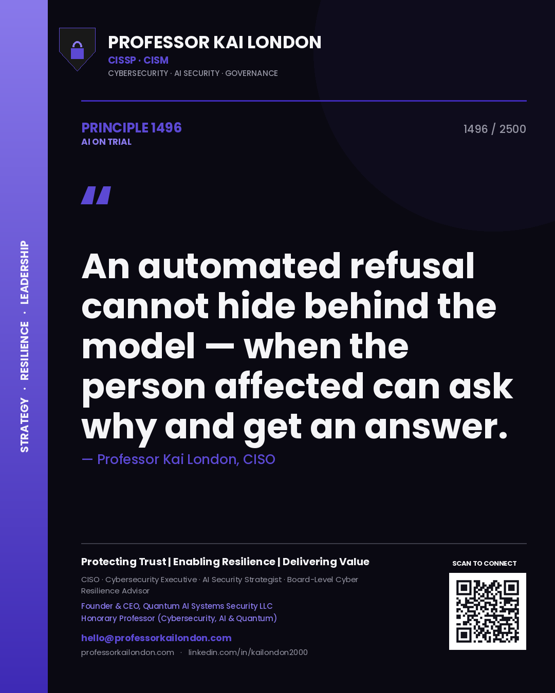 Professor Kai London principle 1496: An automated refusal cannot hide behind the model — when the person affected can ask why and get an answer.