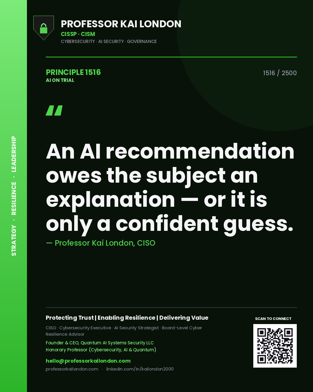 Professor Kai London principle 1516: An AI recommendation owes the subject an explanation — or it is only a confident guess.