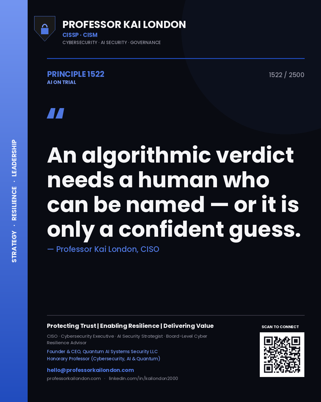 Professor Kai London principle 1522: An algorithmic verdict needs a human who can be named — or it is only a confident guess.