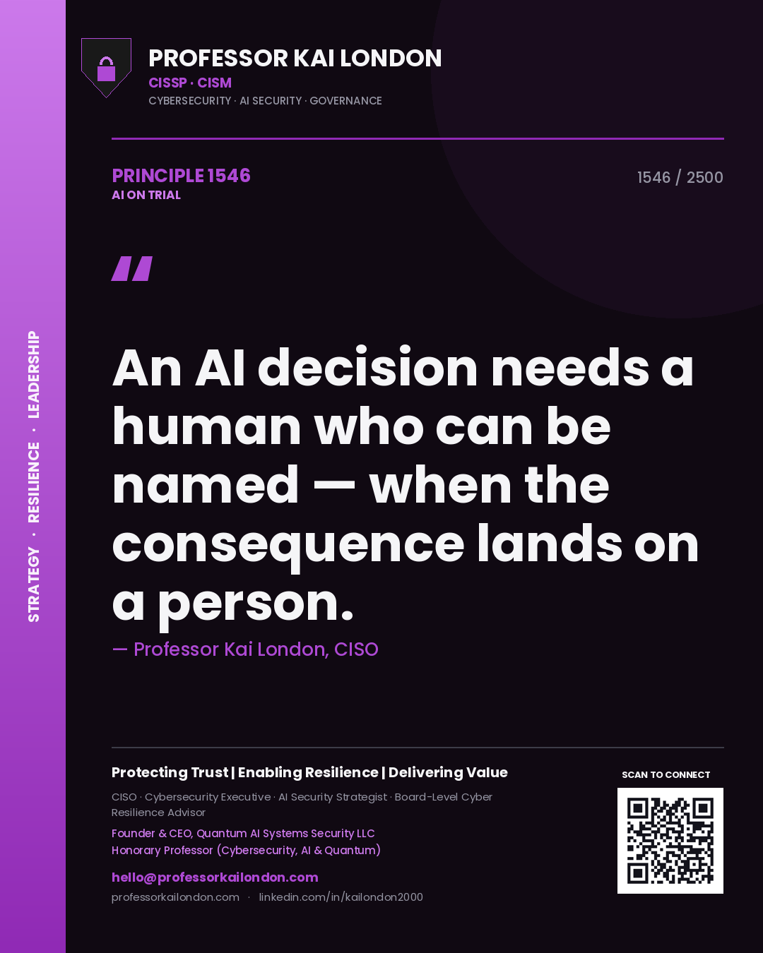 Professor Kai London principle 1546: An AI decision needs a human who can be named — when the consequence lands on a person.