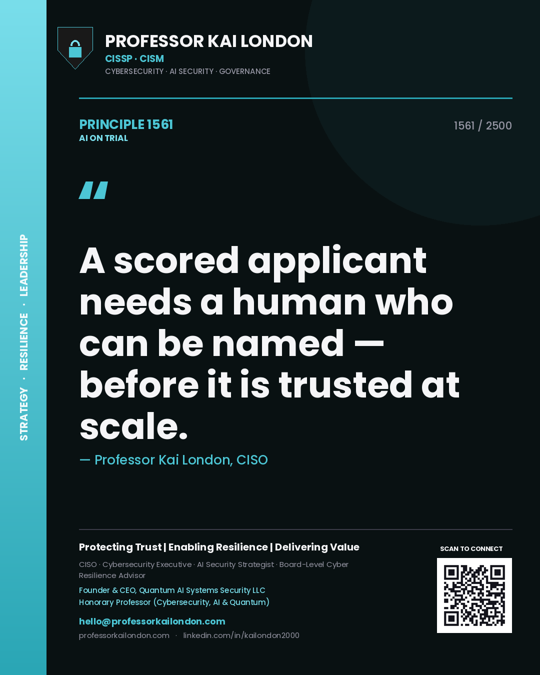 Professor Kai London principle 1561: A scored applicant needs a human who can be named — before it is trusted at scale.