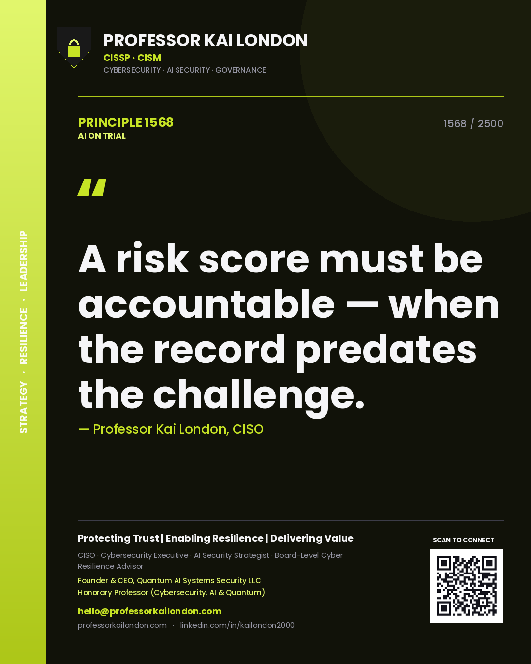 Professor Kai London principle 1568: A risk score must be accountable — when the record predates the challenge.