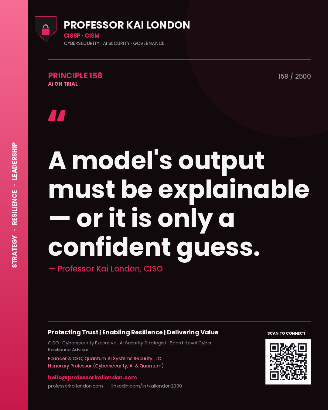 Professor Kai London principle 158: A model's output must be explainable — or it is only a confident guess.