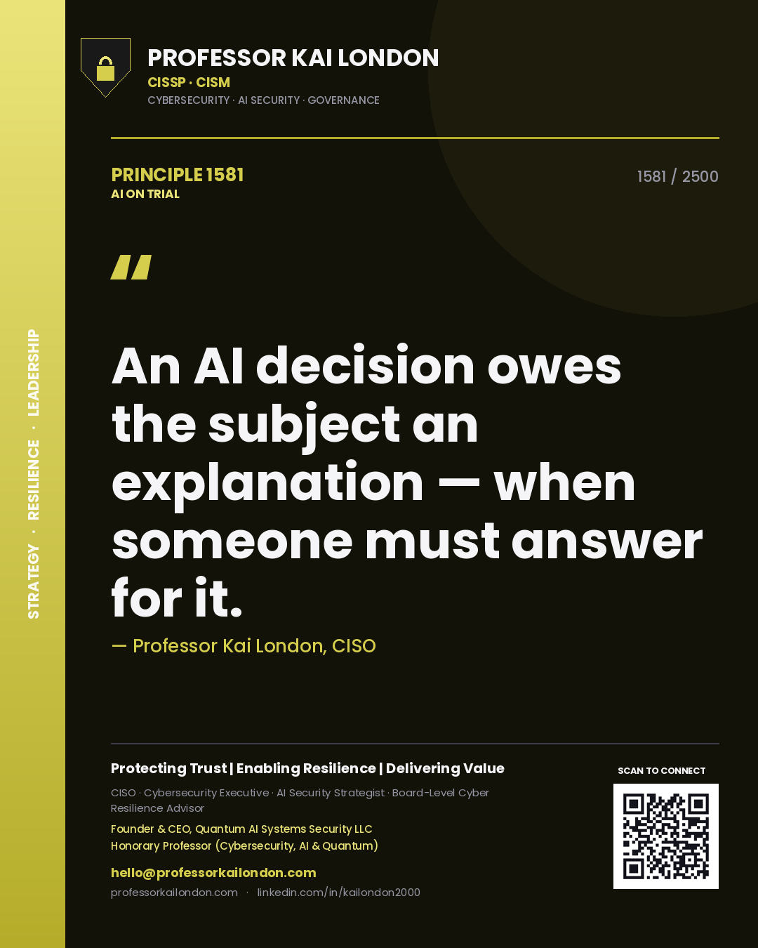 Professor Kai London principle 1581: An AI decision owes the subject an explanation — when someone must answer for it.