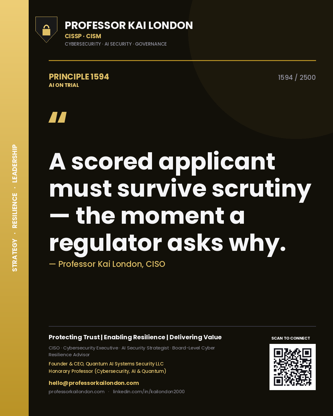 Professor Kai London principle 1594: A scored applicant must survive scrutiny — the moment a regulator asks why.
