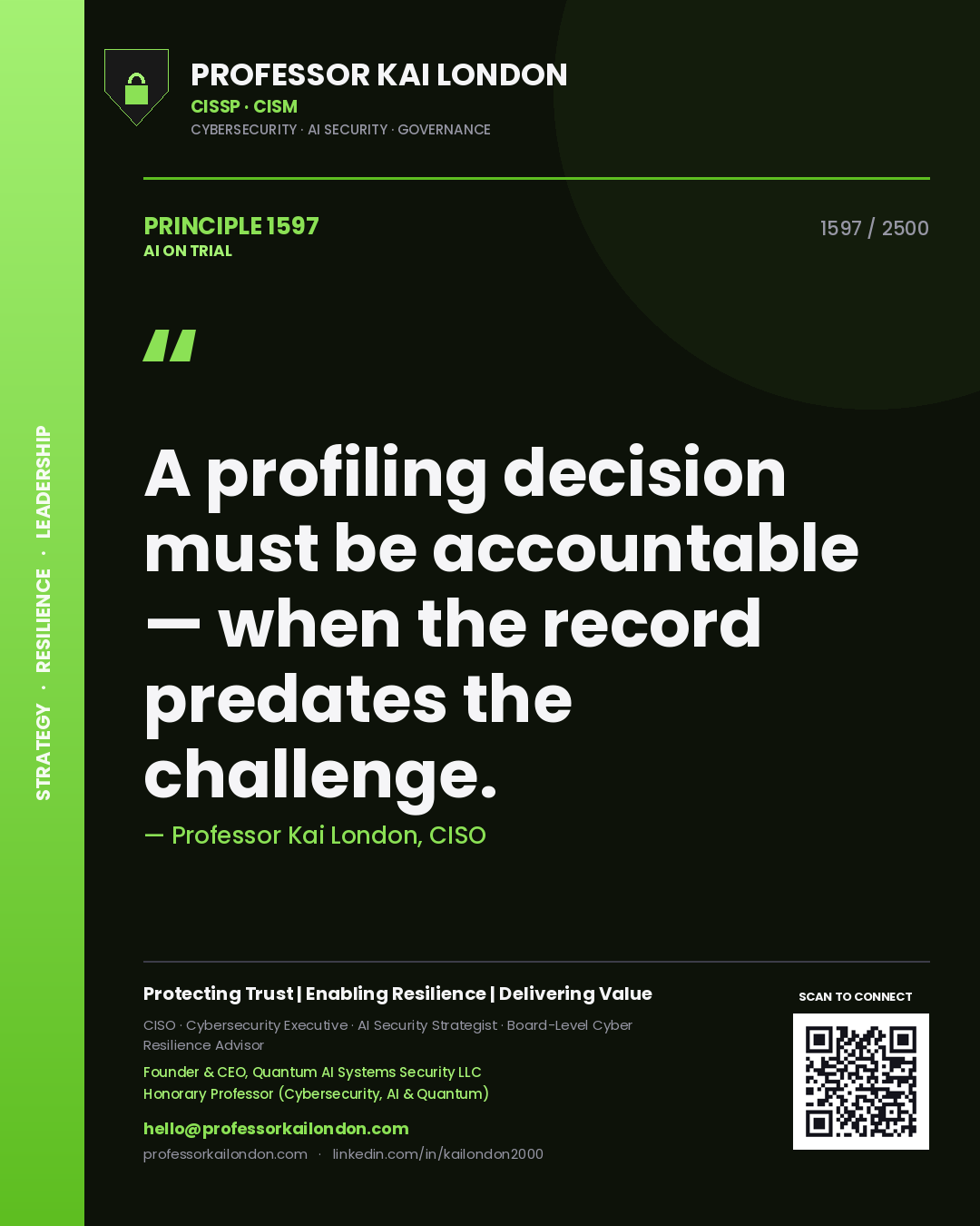 Professor Kai London principle 1597: A profiling decision must be accountable — when the record predates the challenge.