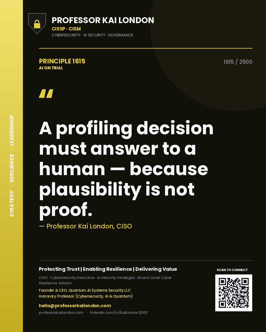 Professor Kai London principle 1615: A profiling decision must answer to a human — because plausibility is not proof.
