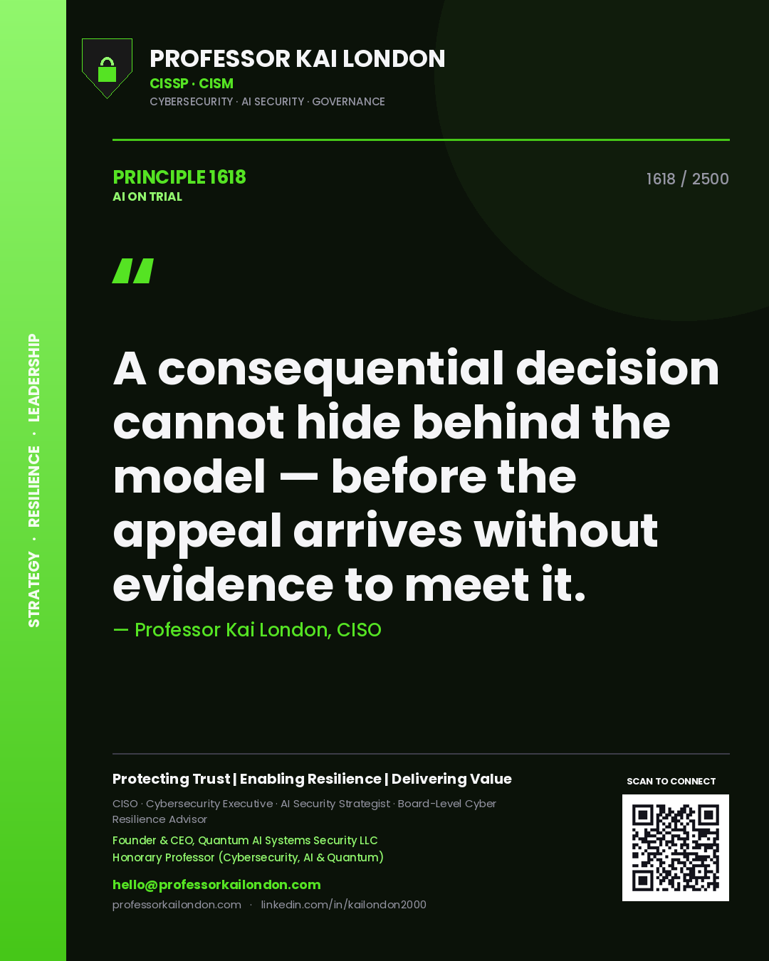 Professor Kai London principle 1618: A consequential decision cannot hide behind the model — before the appeal arrives without evidence to meet it.