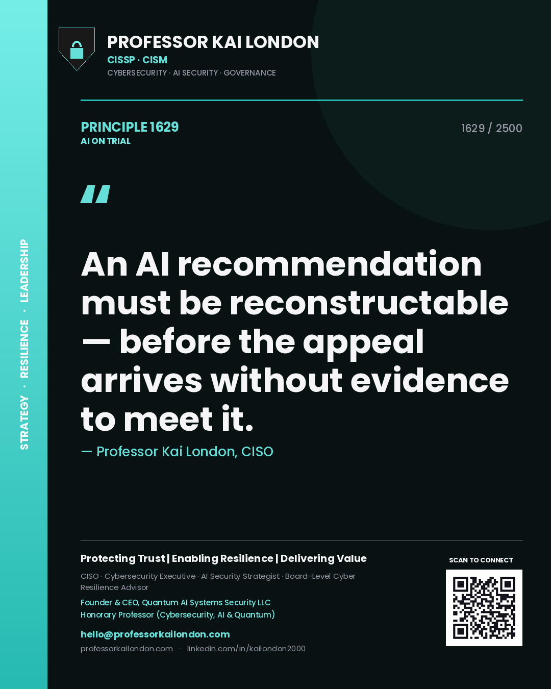 Professor Kai London principle 1629: An AI recommendation must be reconstructable — before the appeal arrives without evidence to meet it.