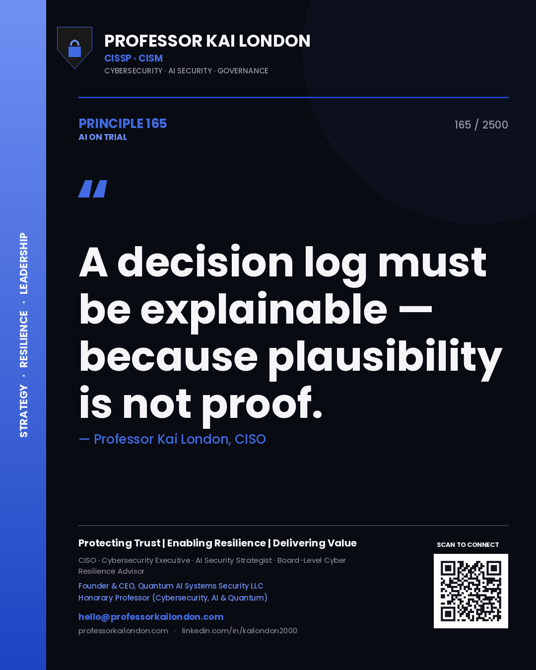 Professor Kai London principle 165: A decision log must be explainable — because plausibility is not proof.