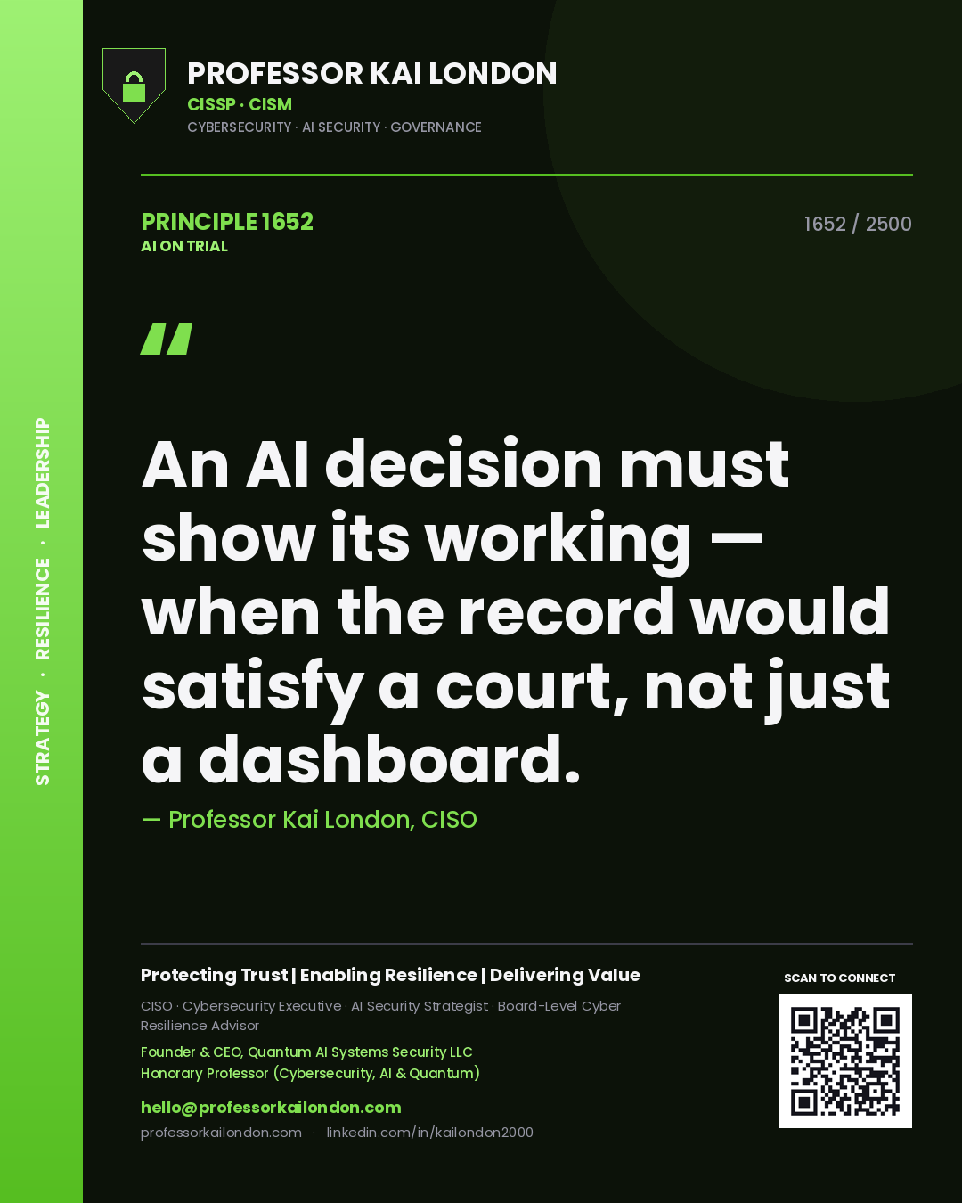 Professor Kai London principle 1652: An AI decision must show its working — when the record would satisfy a court, not just a dashboard.