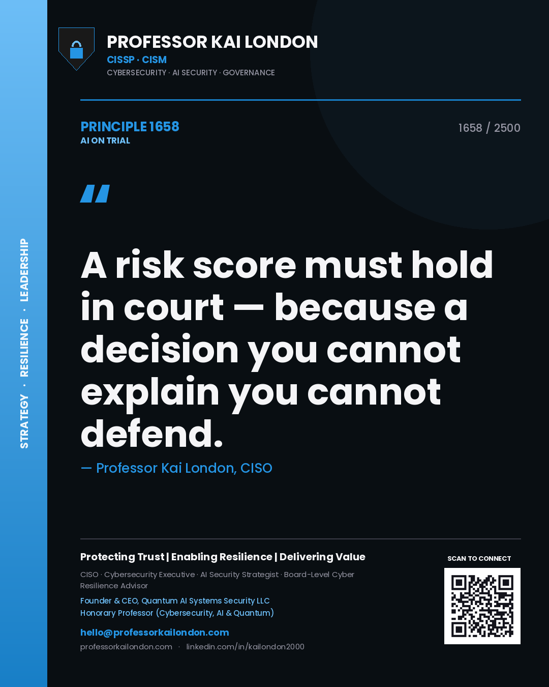 Professor Kai London principle 1658: A risk score must hold in court — because a decision you cannot explain you cannot defend.